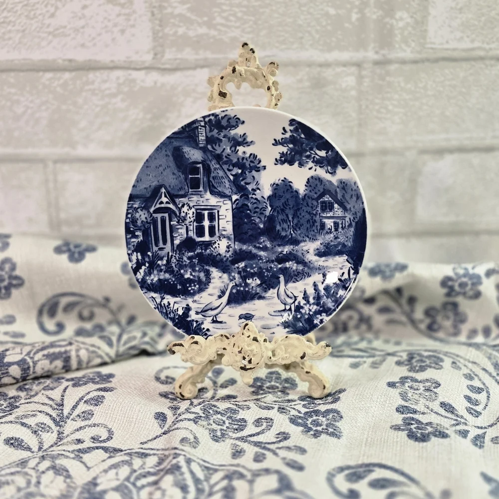 Country Heritage Blue & White Porcelain 6" Dessert Plates Set of 4 Cottage Farm - Picture 4 of 8